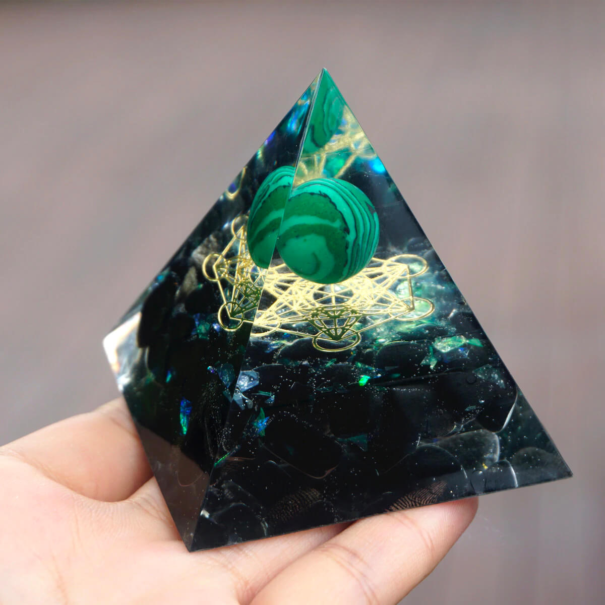 Triple Serenity Malachite & Obsidian Orgone Pyramid